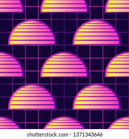 Retrowave style seamless pattern with sunset symbols. Futuristic digital vector wallpaper. Vaporwave, cyberpunk aesthetics. Laser grid background.