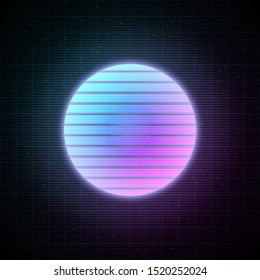 Retrowave style striped sun with blue and pink glowing in starry space with laser grid. Vaporwave, synthwave, retrowave illustration for poster, banner, flyer etc. Eps 10