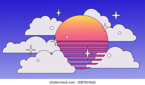 Retrowave style sunset scene. Vector illustration.