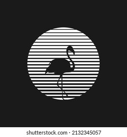 Retrowave sun 1980s style with the flamingo silhouette. Black and white striped sun with flamingos silhouette. Design element for retrowave style projects. Vector illustration.