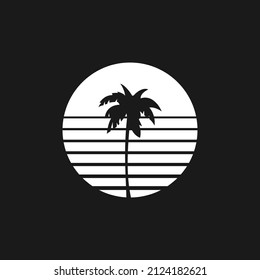 Retrowave sun 1980s style with palm tree silhouette. Black and white sun with stripes and palm tree silhouettes. Design element for retrowave style projects.Vector illustration.