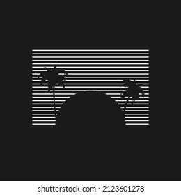 Retrowave sun with palm tree silhouettes 1980s style. Black and white sun and palm tree silhouettes with stripes. Design element for retrowave style projects. Vector illustration.