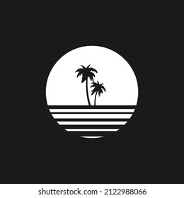 Retrowave sun, sunset or sunrise 1980s style with palm tree silhouettes. Black and white sun with stripes and palm tree silhouettes. Design element for synthwave style projects.Vector illustration.