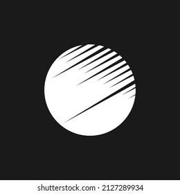 Retrowave sun, sunset or sunrise 1980s style. Synthwave black and white circle shape with diagonal lines. Circle design element for retrowave style projects. Vector illustration.