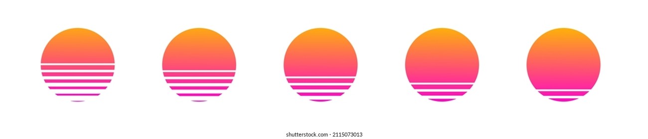 Retrowave sun vintage icon set. Futuristic retrowave sun icons set. Retro set of glowing outrun sun vector illustration. Synthwave icons. Retro 70s 80s 90s sun icons. Vector EPS 10