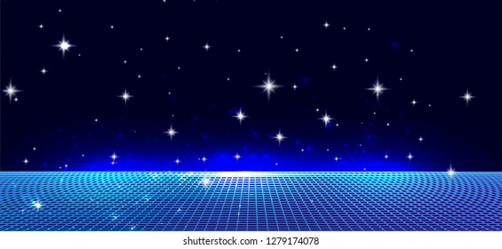 Retrowave/ Synthwave neon background with laser perspective grid and stars from vintage arcade computer games. Retro 80s-90s style inspiration.