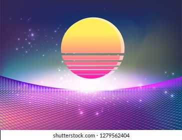 Retrowave/ Synthwave neon background with laser grid, stars and sun disc from vintage arcade computer games. Retrofuturistic vaporwave 80s-90s style inspiration.