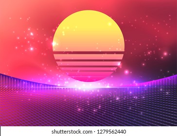 Retrowave/ Synthwave neon background with laser grid, stars and sun disc from vintage arcade computer games. Retrofuturistic vaporwave 80s-90s style inspiration.