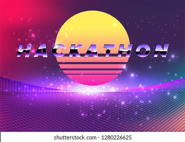Retrowave/ Synthwave neon background with laser grid, stars and sun disc from vintage arcade computer games. Retrofuturistic vaporwave 80s-90s style design template for Hackathon poster, cover ect.