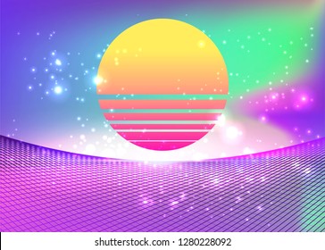 Retrowave/ Synthwave neon background with laser grid, stars and sun disc from vintage arcade computer games. Retrofuturistic vaporwave 80s-90s style design template for poster, music cover ect.