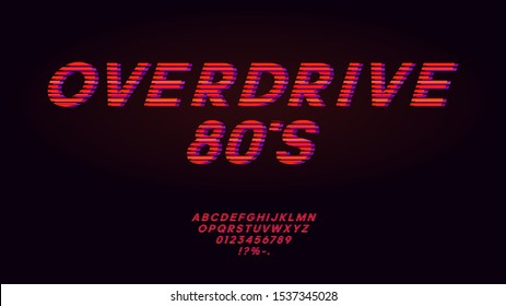 Retrowave / synthwave red font design in the style of 1980s. Striped english letters, numbers and symbols. Typography design for headlines, labels, posters, cover, etc. Eps 10.