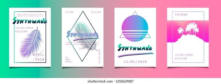 Retrowave/ synthwave set of posters in neon vivid pastel colors. Abstract composition with palm trees and leaves, geometric figures.