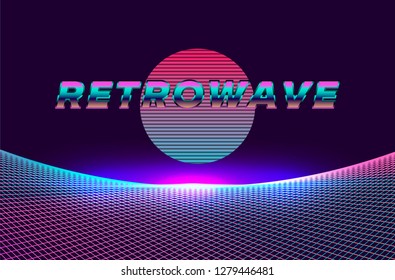 Retrowave/ Synthwave style neon background with holographic laser grid, stars and sun disc from vintage arcade computer games. Retrofuturistic 80s-90s style inspiration.