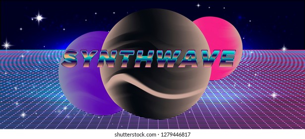 Retrowave/ Synthwave style neon background with holographic laser grid, stars and sun disc from vintage arcade computer games. Retrofuturistic 80s-90s style inspiration.