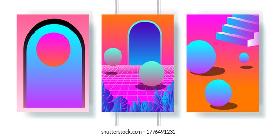 Retrowave and synthwave style posters for music event. Set of vector cover templates with surreal geometric composition in neon vibrant colors.