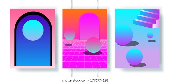 Retrowave and synthwave style posters for music event. Set of vector cover templates with surreal geometric composition in neon vibrant colors.