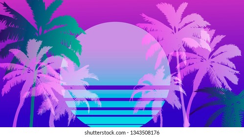 Retrowave/ synthwave style summer poster template with palms and sunset. Music cover, club party event template in retrofuturistic style.