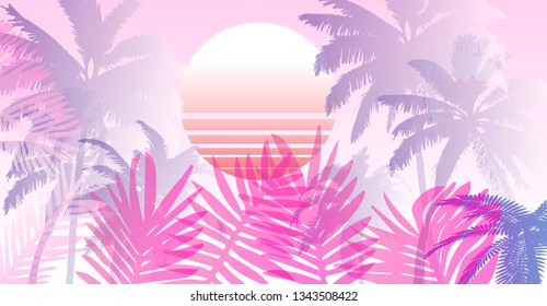 Retrowave/ synthwave style summer poster template with palms and sunset. Music cover, club party event template in retrofuturistic style.