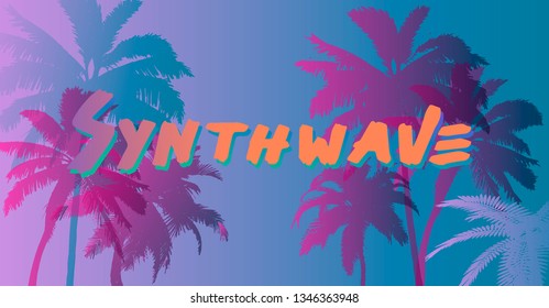 Retrowave/ synthwave style summer poster template with palms and sunset. Music cover, club party event template, modern t-shirt print design in retrofuturistic style.