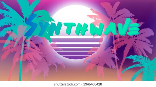 Retrowave/ synthwave style summer poster template with palms and sunset. Music cover, club party event template, modern t-shirt print design in retrofuturistic style.
