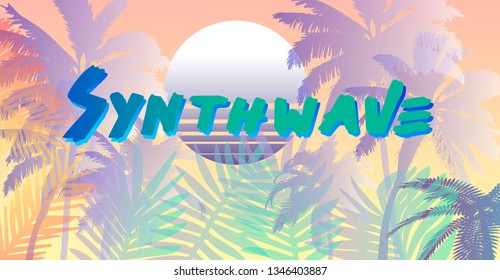 Retrowave/ synthwave style summer poster template with palms and sunset. Music cover, club party event template, modern t-shirt print design in retrofuturistic style.