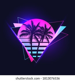 Retrowave synthwave vaporwave aesthetic illustration vintage 80's gradient colored sunset and palm trees silhouettes abstract triangle shapes background  Vector illustration