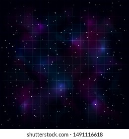 Retrowave / synthwave / vaporwave background with laser grid, starry spase and blue purple nebula. Vector. Eps 10