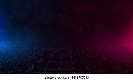 Retrowave / synthwave / vaporwave cyber landscape laser grid with pink and blue fog and glows on both sides in starry space. VHS effect. Vector. Eps 10