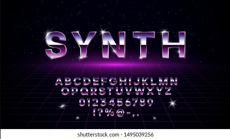 Retrowave / synthwave / vaporwave font in 1980s style. Retrowave design letters, numbers, symbols and set of lens flare on dark background with laser grid in starry space. Vector. Eps 10