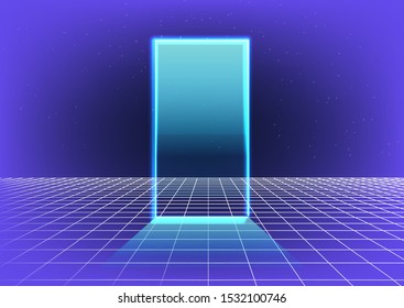 Retrowave / synthwave / vaporwave illustration with laser grid landscape in the starry space and brightly glowing door of portal. Design for flyer, poster, music cover.