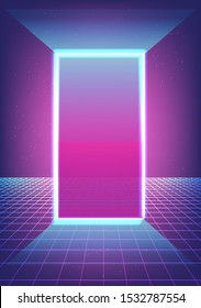 Retrowave / synthwave / vaporwave illustration with laser grid landscape in the starry space and brightly glowing door of portal. Design for flyer, poster, music cover.