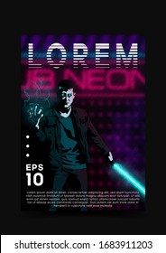 Retrowave / synthwave / vaporwave illustration with man in the rain with laser sword, lightning and blue glowing eyes on dark blurred neon club background. Design for flyer, invitation card. Eps 10.