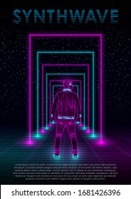 Retrowave  synthwave  vaporwave illustration with neon man, perspective laser grid and neon rectangular portals on starry space background. Design for flyer, poster, invitation card. Vector. Eps 10.