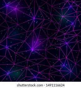 Retrowave / synthwave / vaporwave illustration of polygonal pink lines grid on starry nebula space background. Vector. Eps 10