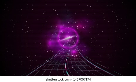 Retrowave  synthwave  vaporwave illustration of winding road in starry space to center of purple nebula in distortion circle. Eps 10