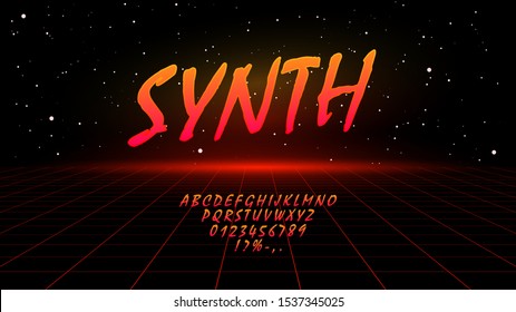 Retrowave / Synthwave / Vaporwave Orange Gradient Font In 1980s Style. Design Letters, Numbers, Symbols On Starry Space With Laser Grid Background. Eps 10