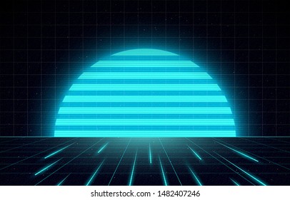 Retrowave / synthwave / vaporwave vector illustration of big blue glowing setting sun on laser grid with speed rays on starry space background. VHS effect of noise. Eps 10