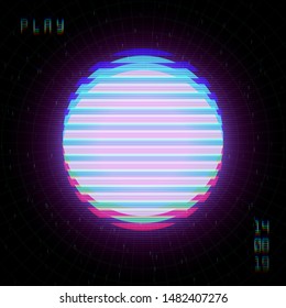 Retrowave / synthwave / vaporwave vector illustration of glowing glitch circle on circular laser grid on glitch starry space background. Eps 10