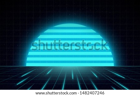 Retrowave / synthwave / vaporwave vector illustration of big blue glowing setting sun on laser grid with speed rays on starry space background. VHS effect of noise. Eps 10