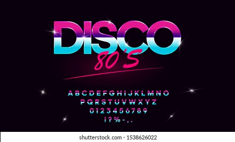 Retrowave / synthwave vector font in 1980s style. Retro design letters, numbers, symbols and set of lens flare on dark background. Type for flyer, banner, poster, cover, etc. Vector. Eps 10
