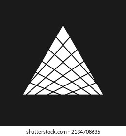 Retrowave triangle 1980s style with perspective grid pattern. Synthwave black and white retrowave design element. Triangle with grid for poster, merch in vaporwave style. Vector illustration.