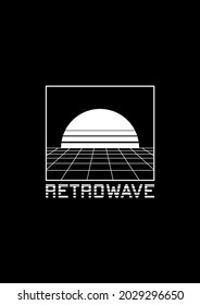 Retrowave t-shirt and apparel design with perspective grid, sun in the horizon, and stripy title RETROWAVE. The 1980s aesthetics. Black and white print. Vector illustration.