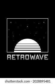 Retrowave t-shirt and apparel design with striped sun, starry sky and headline RETROWAVE. The 1980s aesthetics. Black and white print. Vector illustration.