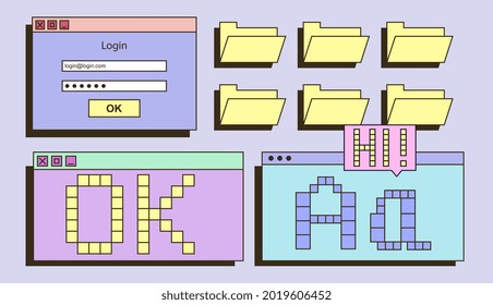 Retrowave UI and UX elements. Window for dialog, download, and logging in with password and login. Folders for files, pixel letters. Flat pop art vector illustration set isolated on colored background