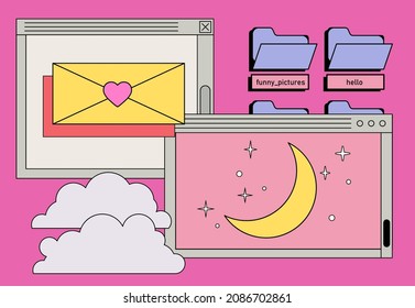 Retrowave user interface, retro operating system with message boxes and folders. Cute vaporwave vector illustration.
