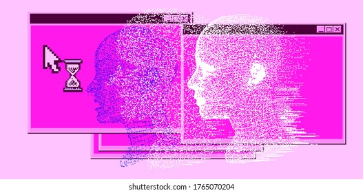 Retrowave and vaporwave style collage with user interface elements and 3D model of a human head. Surreal illustraton in 8-bit retro pixel art style.