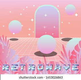 Retrowave And Vaporwave Style Landscape. Laser Grid With Floating In Zero Gravity Spheres.