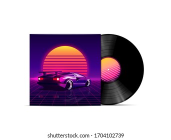 Retrowave, Vaporwave, Synthwave, Dreamwave, Outrun Style Music Playlist Or Album Cover Design With Vinyl Disk Mockup With Retro Sunset And 80s Supercar. Vector Illustration