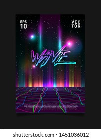 Retrowave / vaporwave / synthwave poster. Glitched laser grid and glowing colorful horizon in space. Design for poster, flyer, cover, brochure, card, club invitation. Eps 10