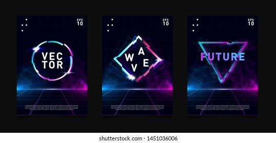 Retrowave / vaporwave / synthwave posters set. Circle, triangle and rhombus with glitch effect, laser grid and highlights. Design for poster, flyer, cover, brochure, card, club invitation. Eps 10